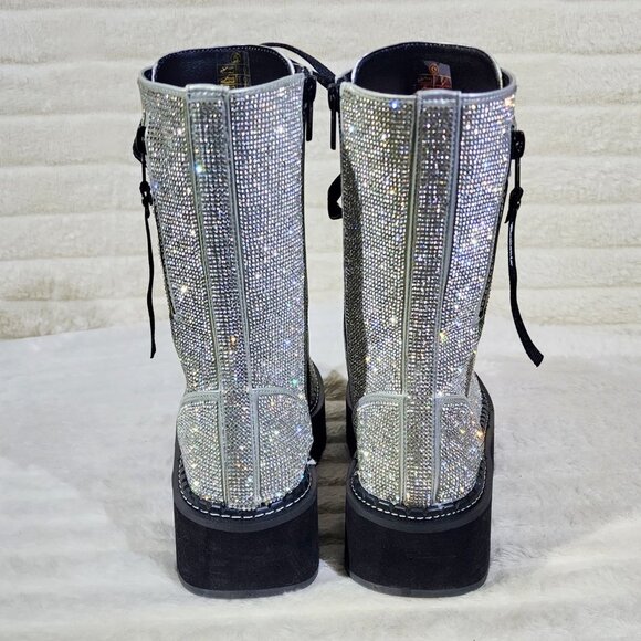 Super Sparkle Iridescent Rhinestone Platform Combat Mid Calf Boots 362 Emily - Picture 5 of 17